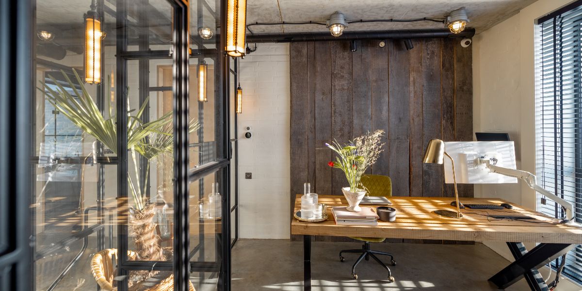Stylish home office with industrial decor, wooden desk, glass partitions, and warm lighting.